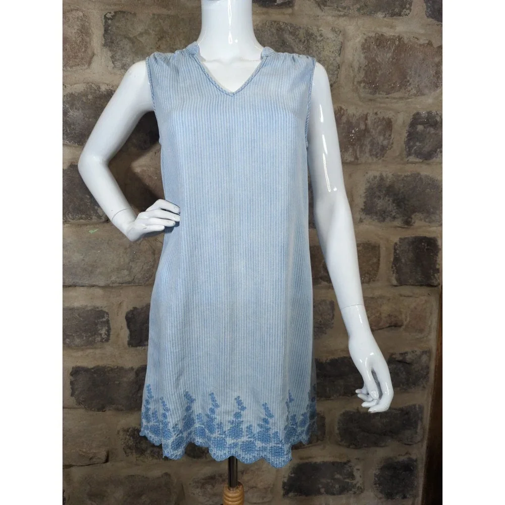 Michael Stars Dress 100% Tencel Blue Striped Sleeveless Embroidered‎ Size Small